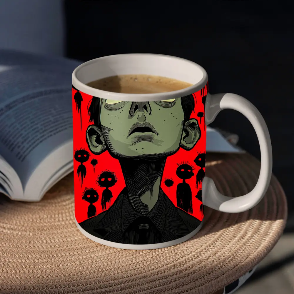 Anxious Man Surrounded By Dark Creatures Red – Mugs