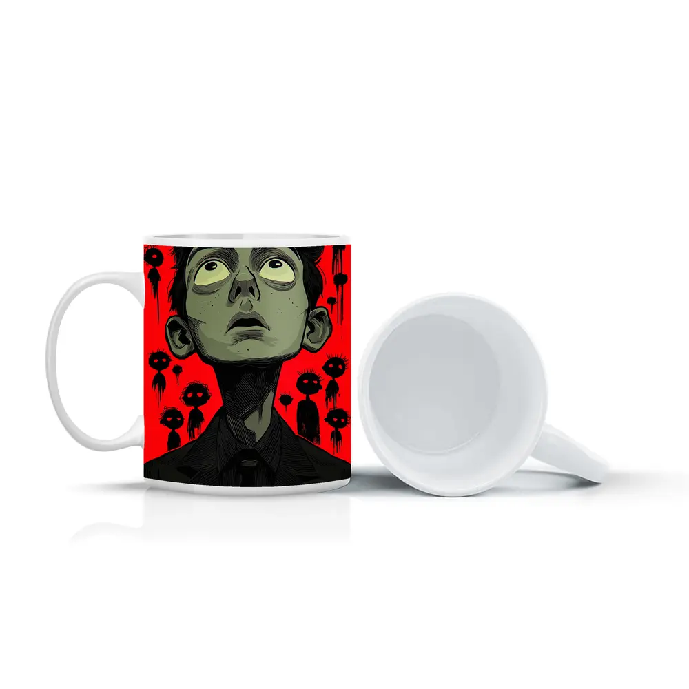 Anxious Man Surrounded By Dark Creatures Red – Mugs