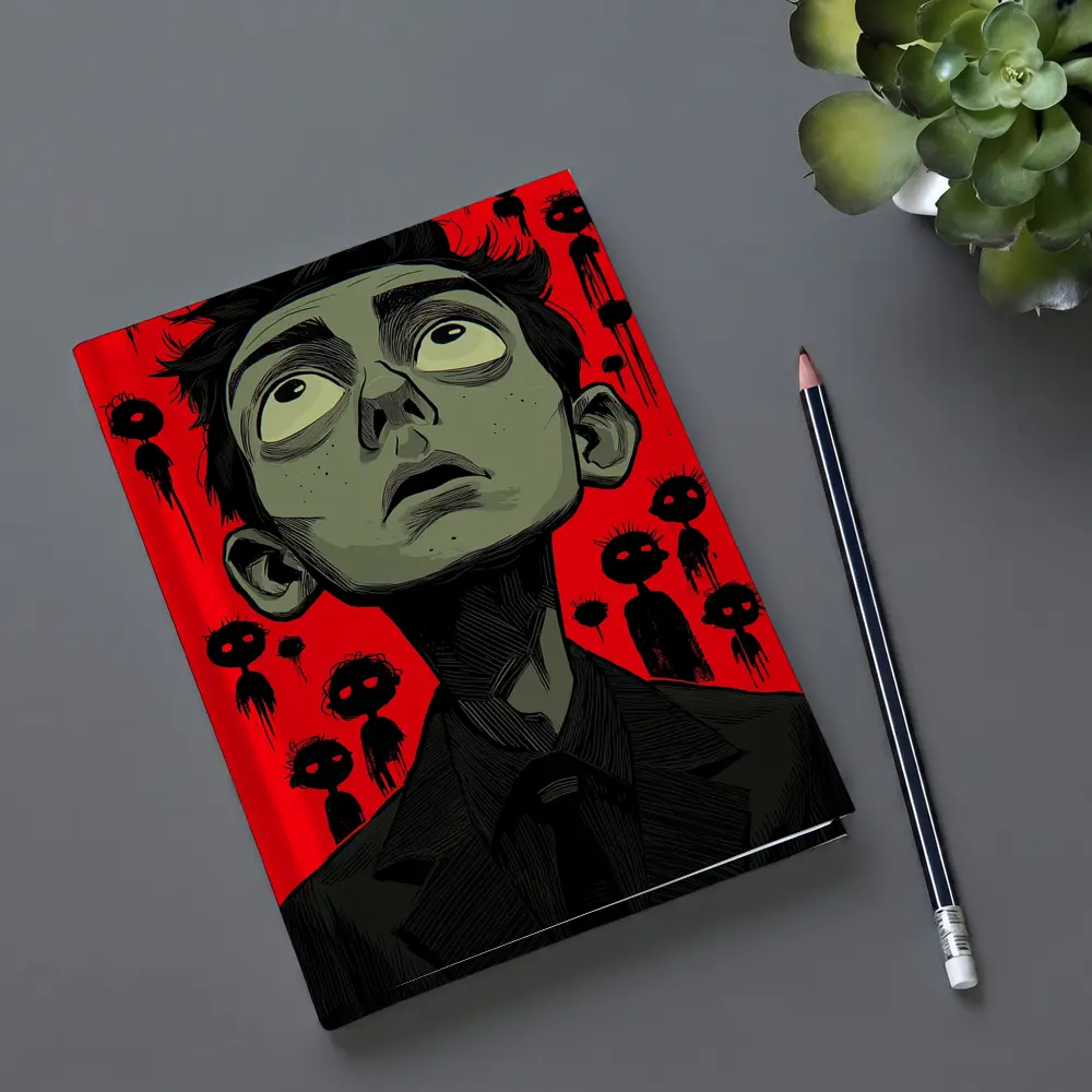Anxious Man Surrounded By Dark Creatures Red – Notebooks