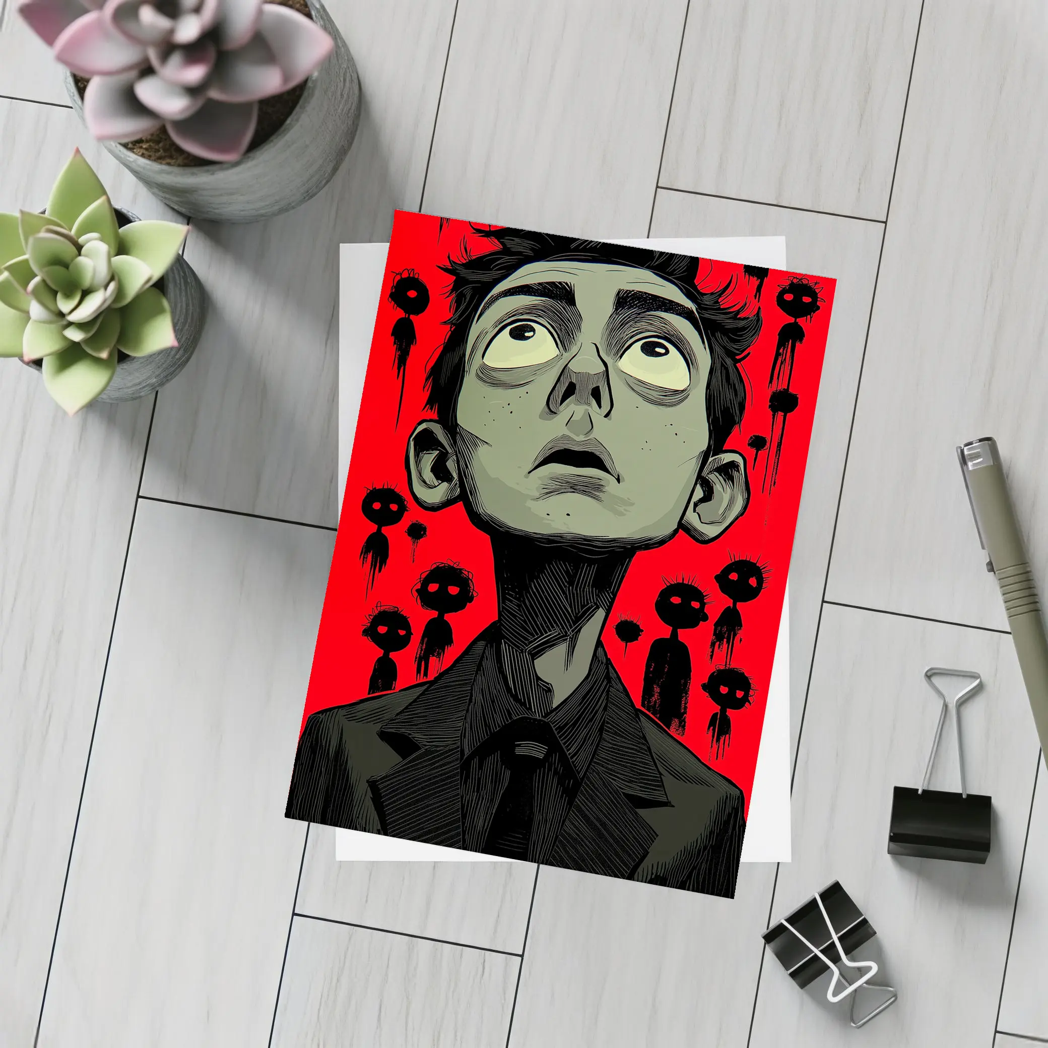 Anxious Man Surrounded By Dark Creatures Red – Postcards