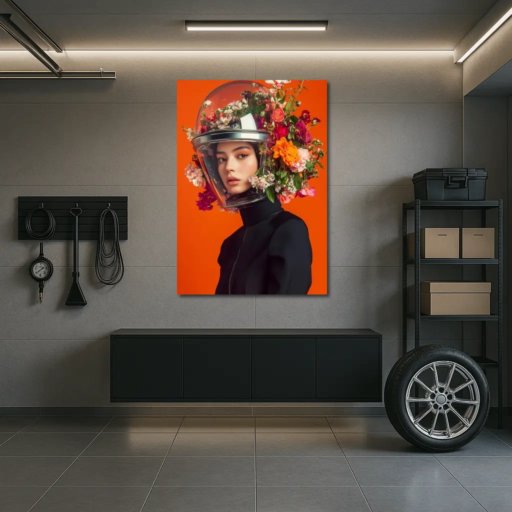 Woman Floral Helmet Fashion Orange Background – Wall Art