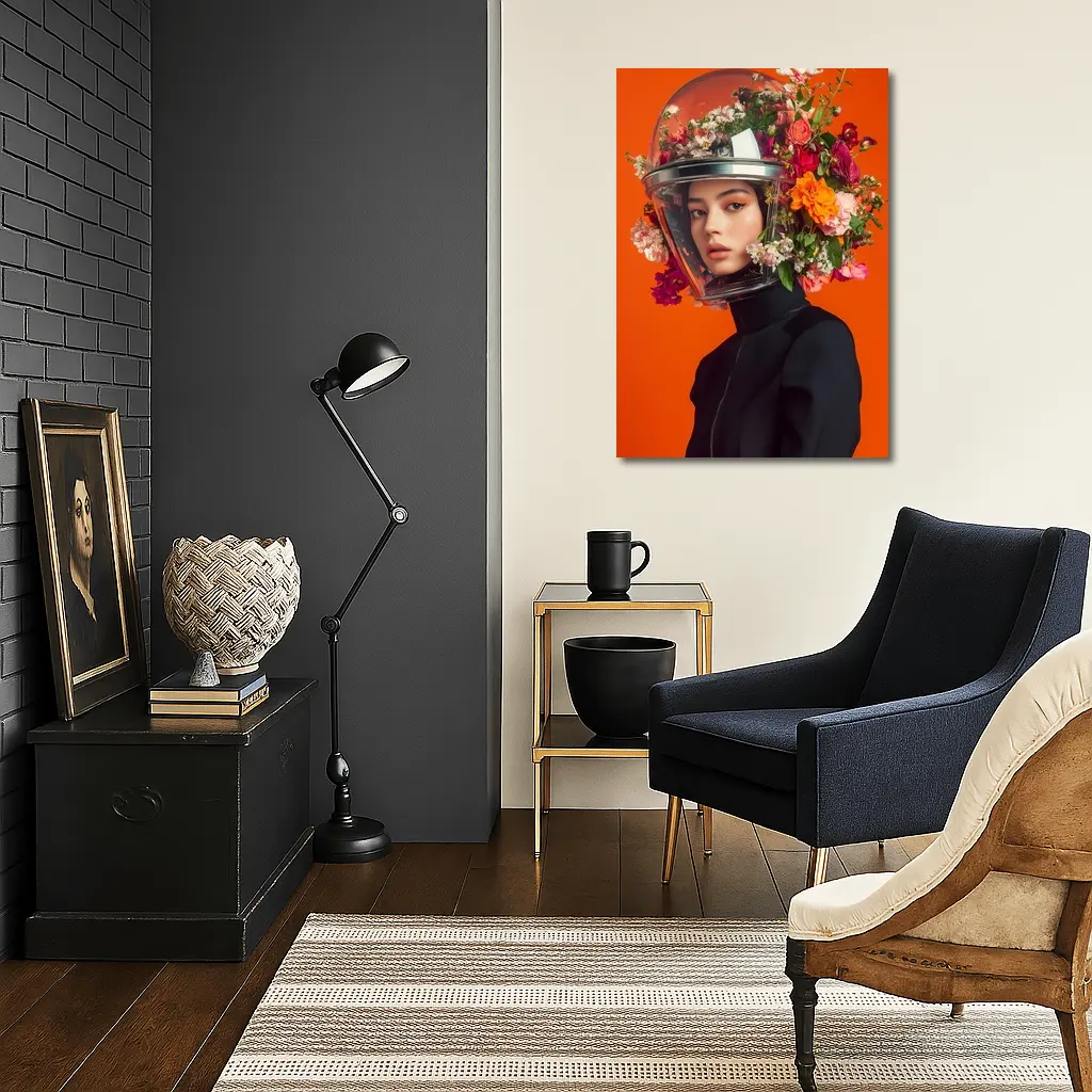 Woman Floral Helmet Fashion Orange Background – Wall Art