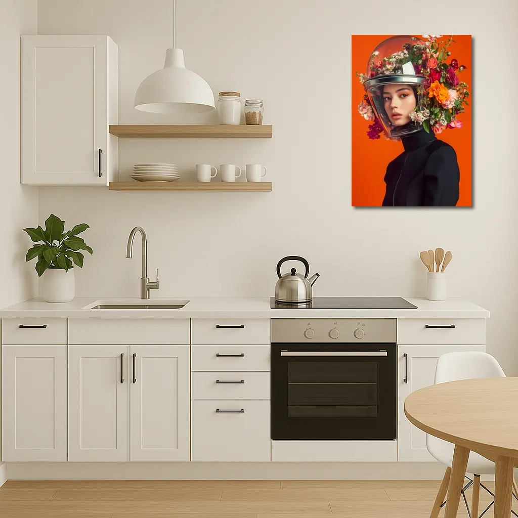 Woman Floral Helmet Fashion Orange Background – Wall Art