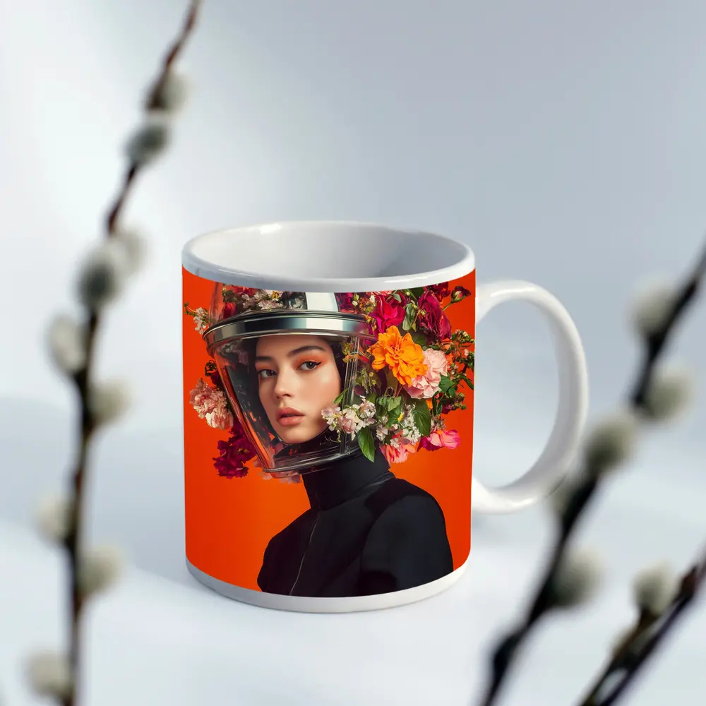 Woman Floral Helmet Fashion Orange Background – Mugs