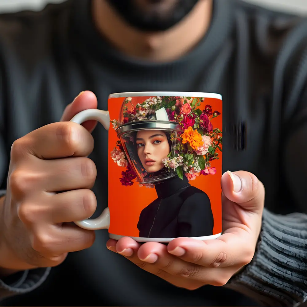 Woman Floral Helmet Fashion Orange Background – Mugs