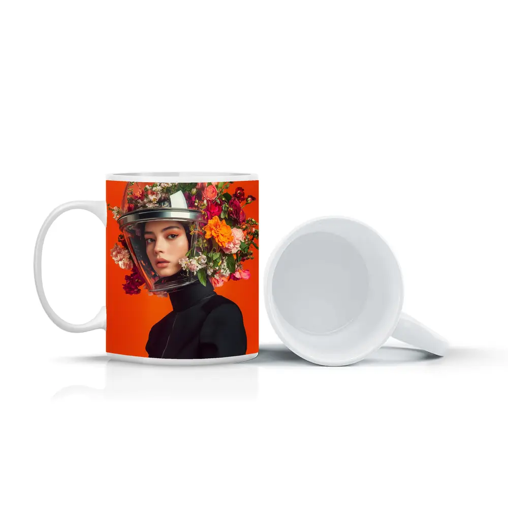 Woman Floral Helmet Fashion Orange Background – Mugs
