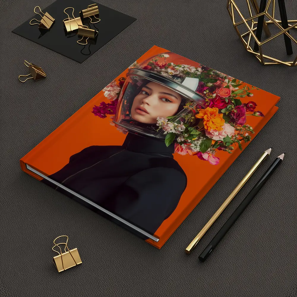 Woman Floral Helmet Fashion Orange Background – Notebooks
