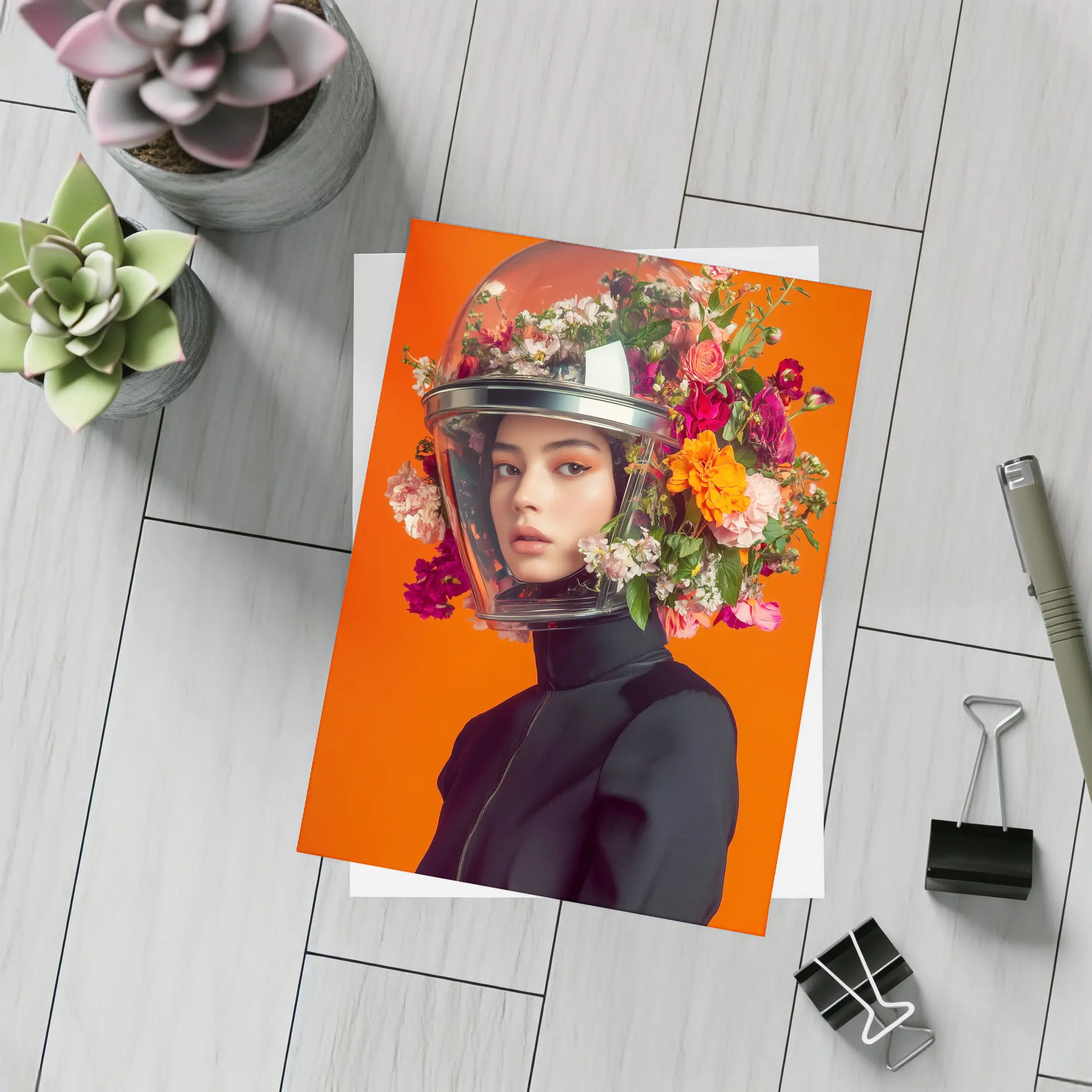 Woman Floral Helmet Fashion Orange Background – Postcards