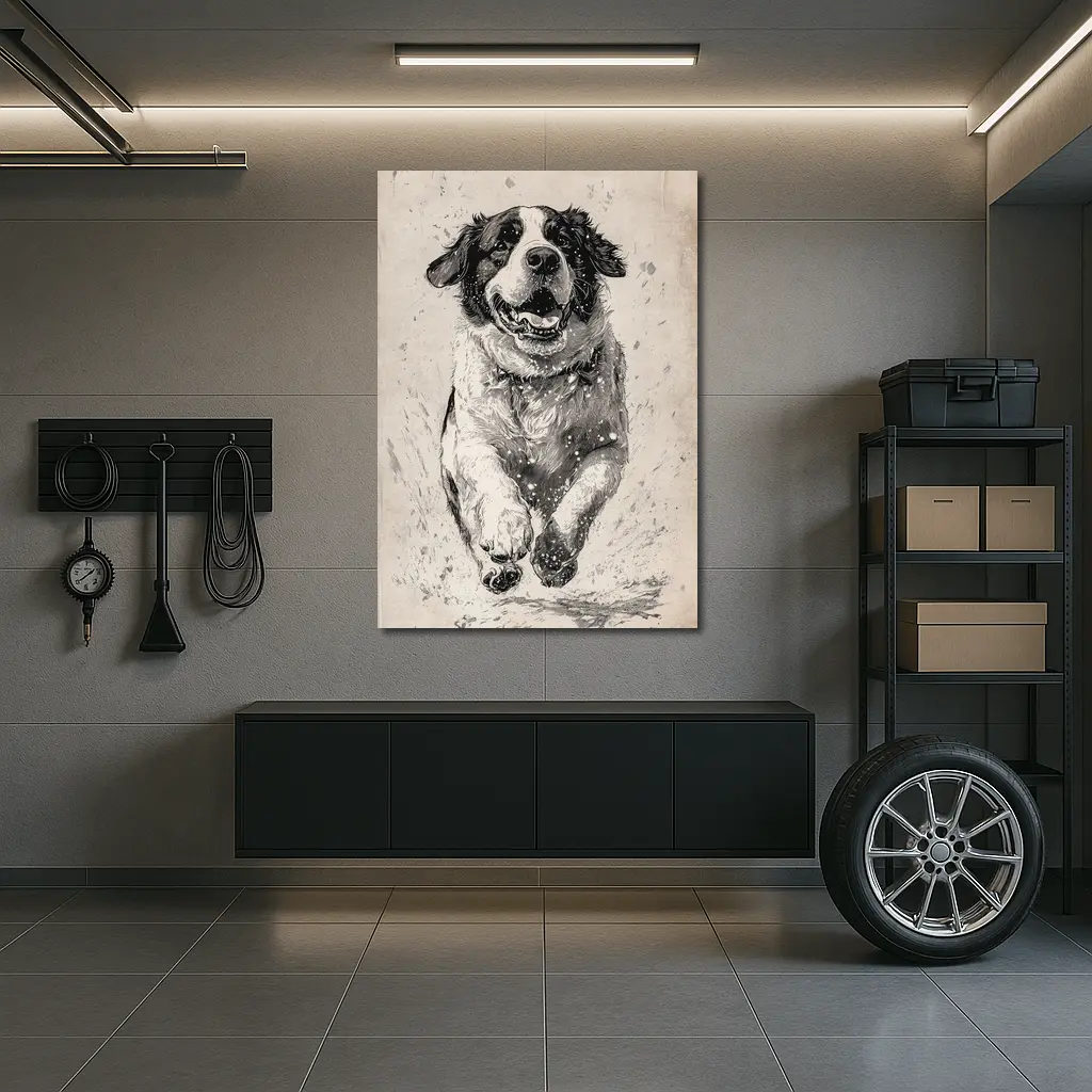 Saint Bernard Dog Running Charcoal Sketch Art – Wall Art