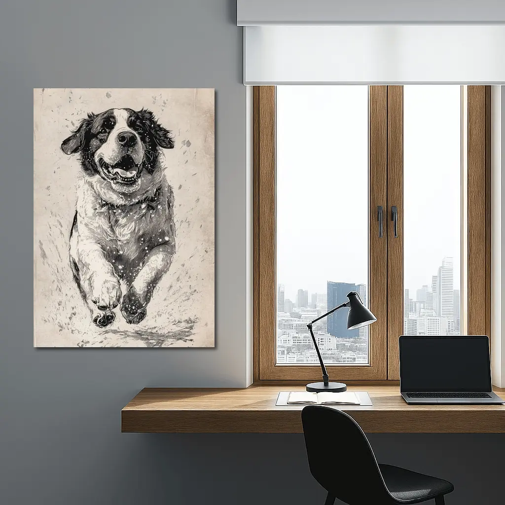 Saint Bernard Dog Running Charcoal Sketch Art – Wall Art