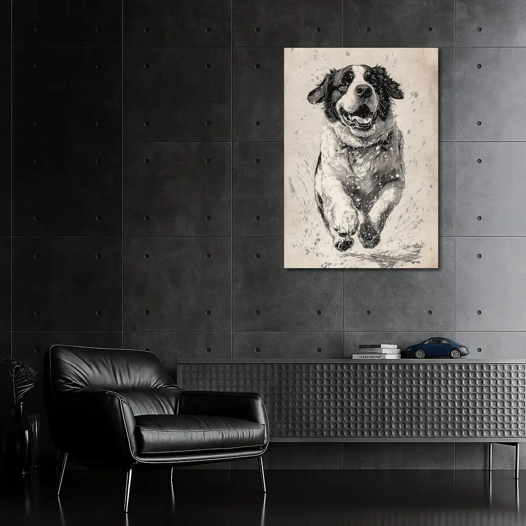 Saint Bernard Dog Running Charcoal Sketch Art – Wall Art