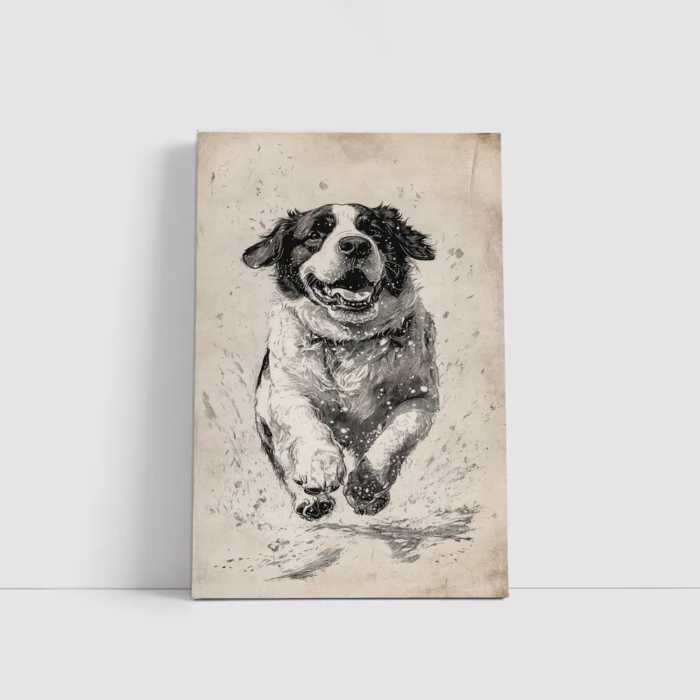 Saint Bernard Dog Running Charcoal Sketch Art – Wall Art