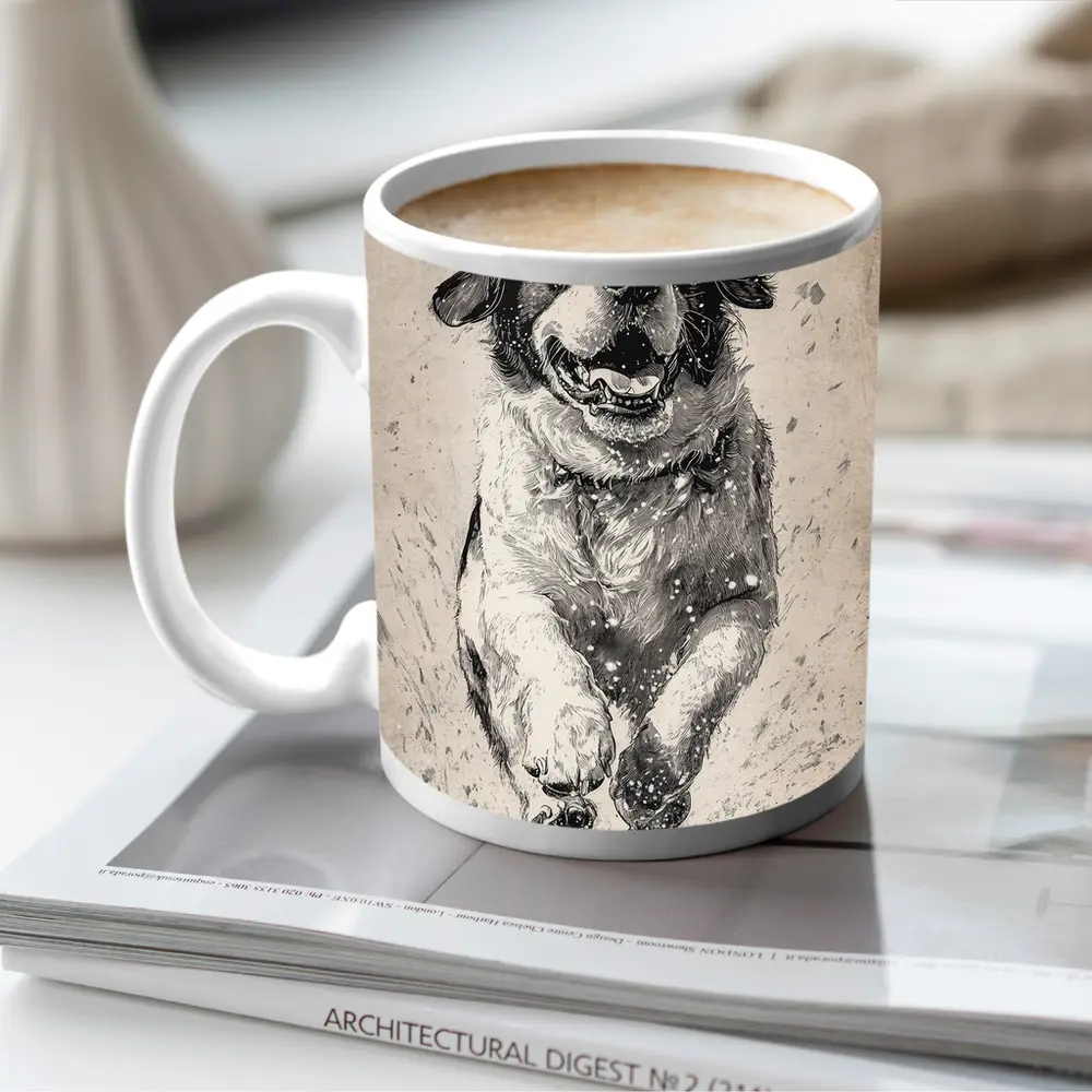 Saint Bernard Dog Running Charcoal Sketch Art – Mugs