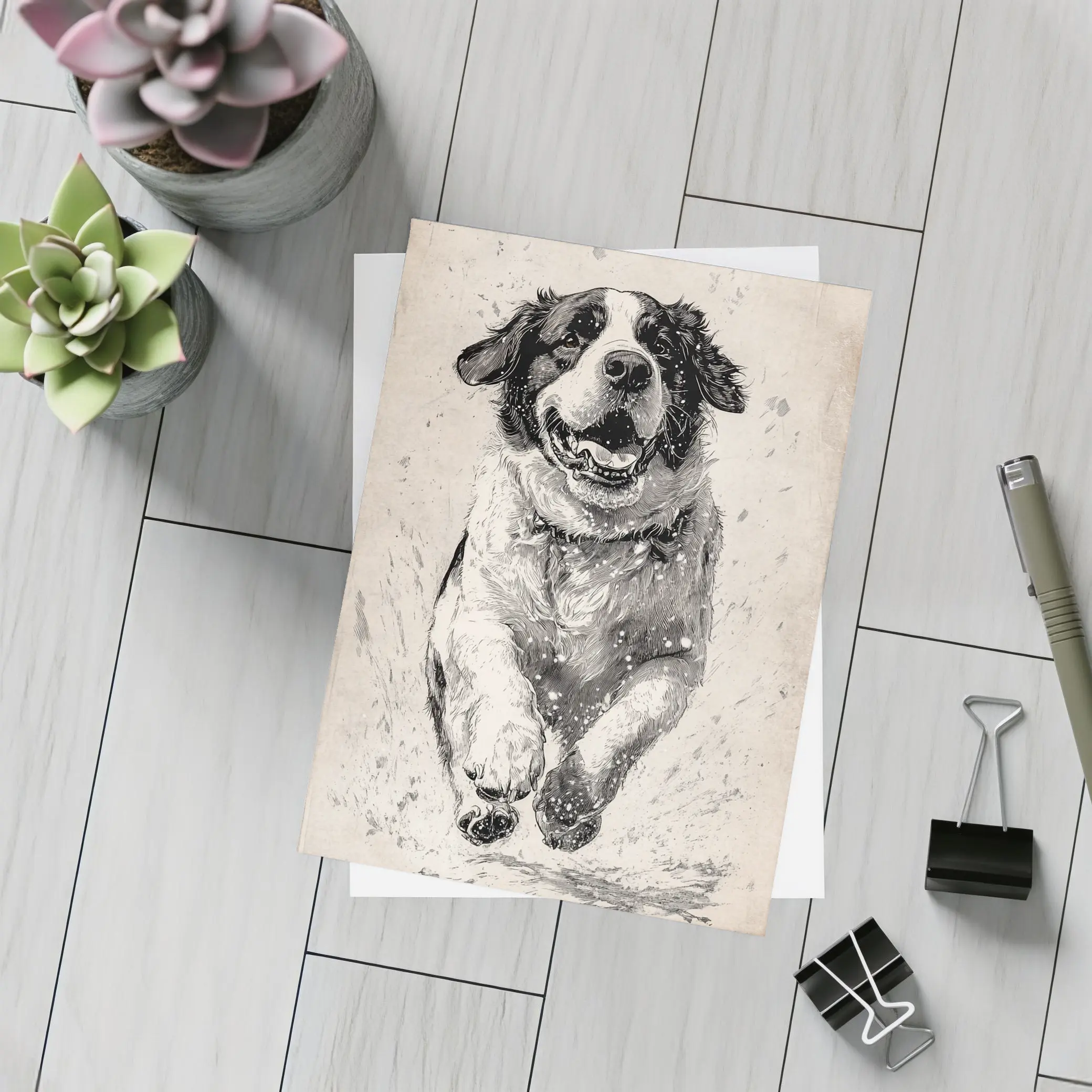Saint Bernard Dog Running Charcoal Sketch Art – Postcards