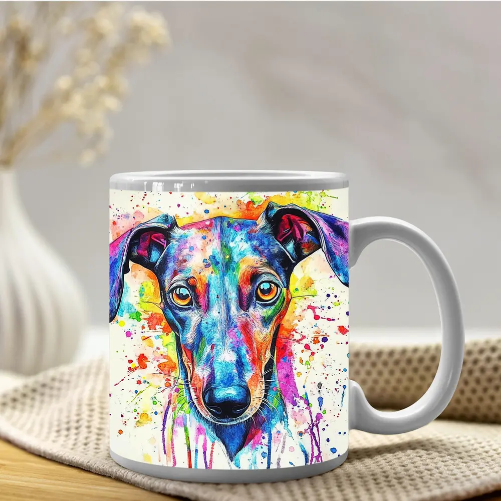 Colorful Greyhound Dog Watercolor Splatter Art – Mugs