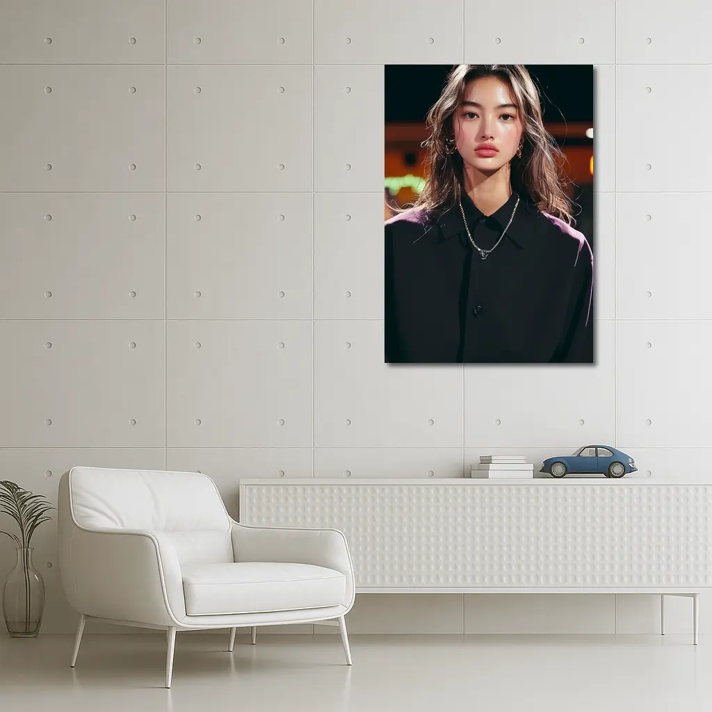 Young Asian Woman Night City Neon Background – Wall Art