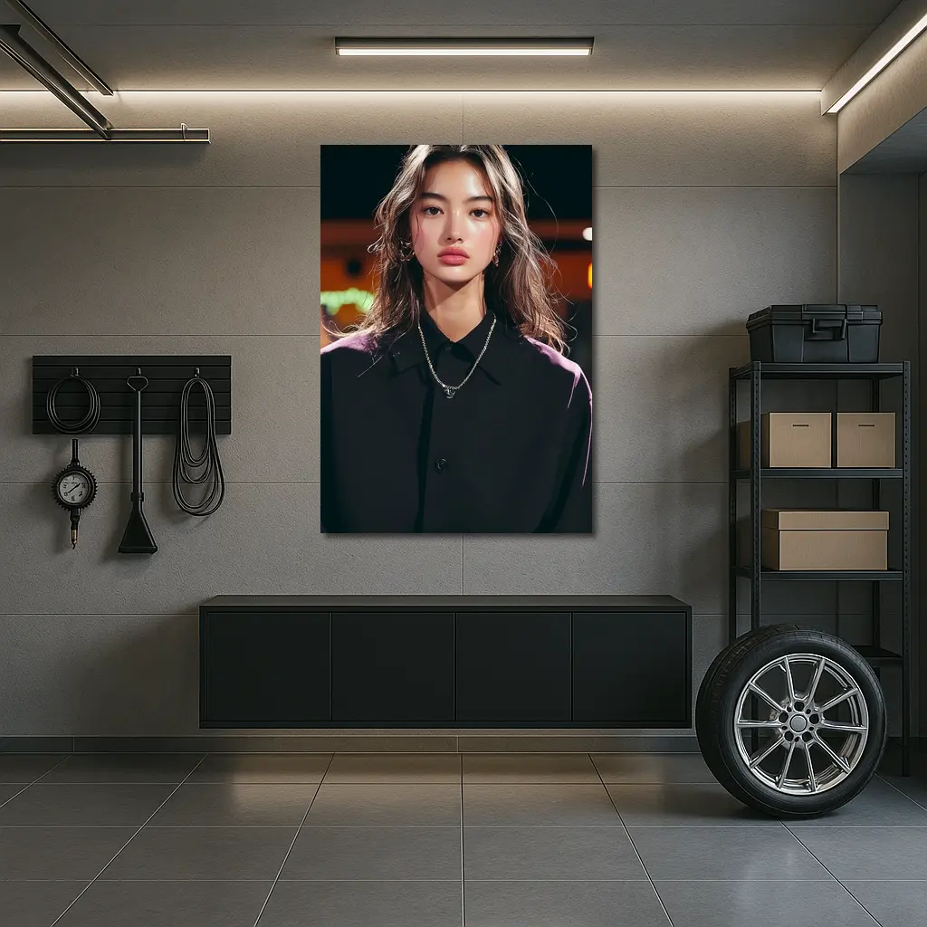 Young Asian Woman Night City Neon Background – Wall Art