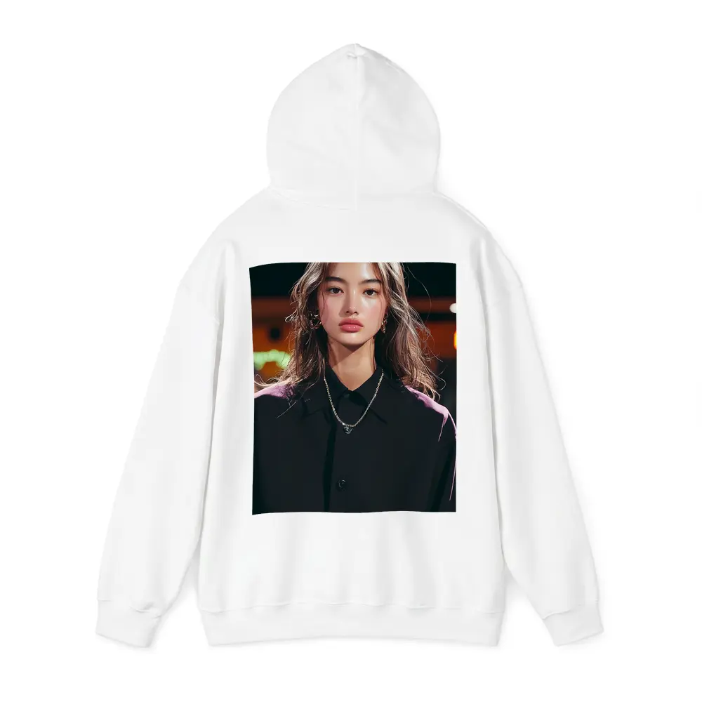 Young Asian Woman Night City Neon Background – Hoodies