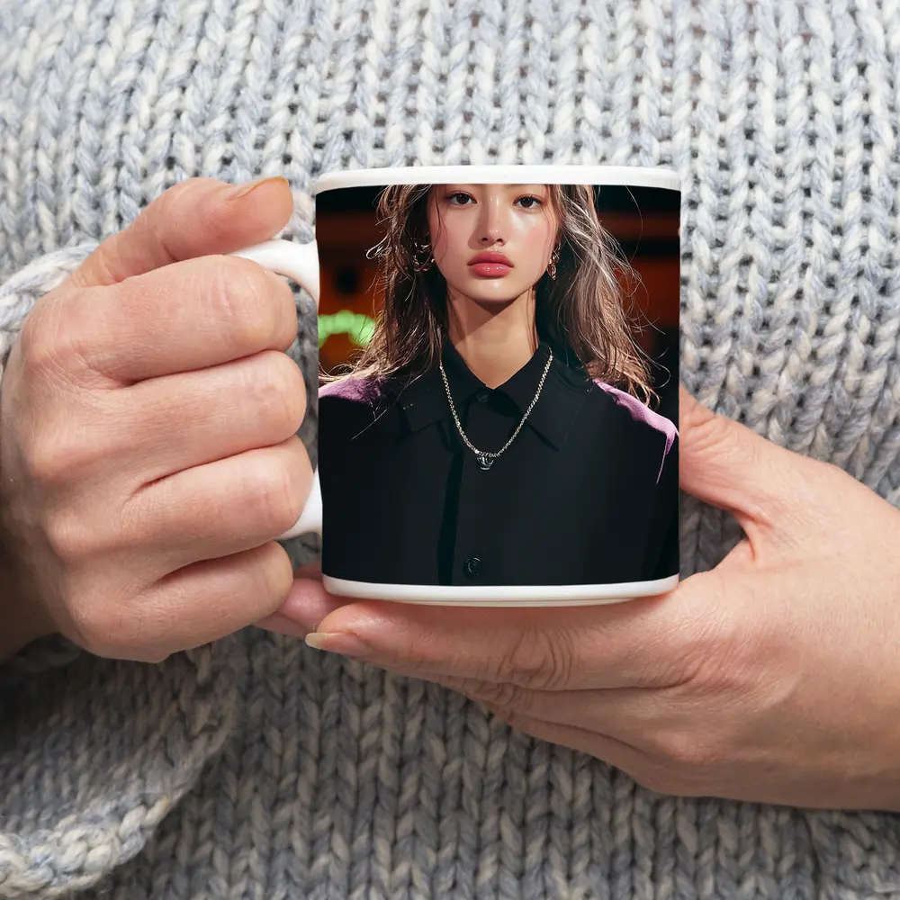 Young Asian Woman Night City Neon Background – Mugs