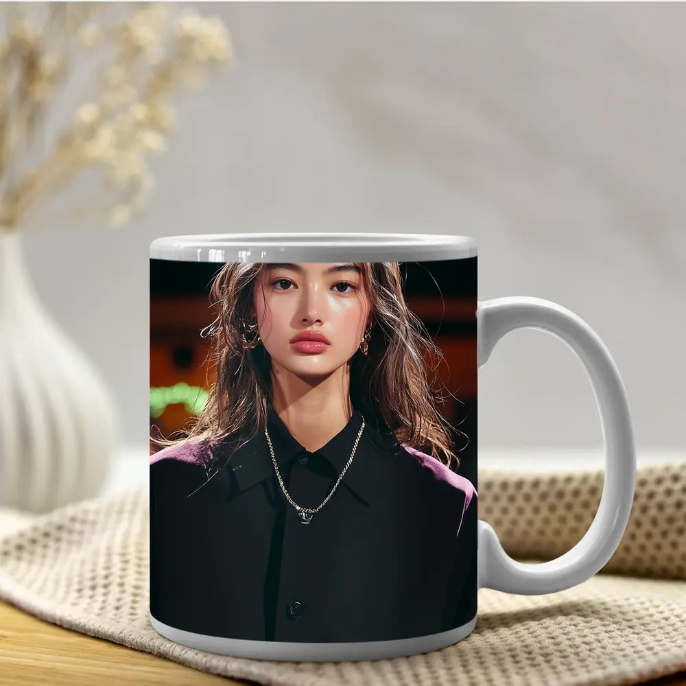 Young Asian Woman Night City Neon Background – Mugs