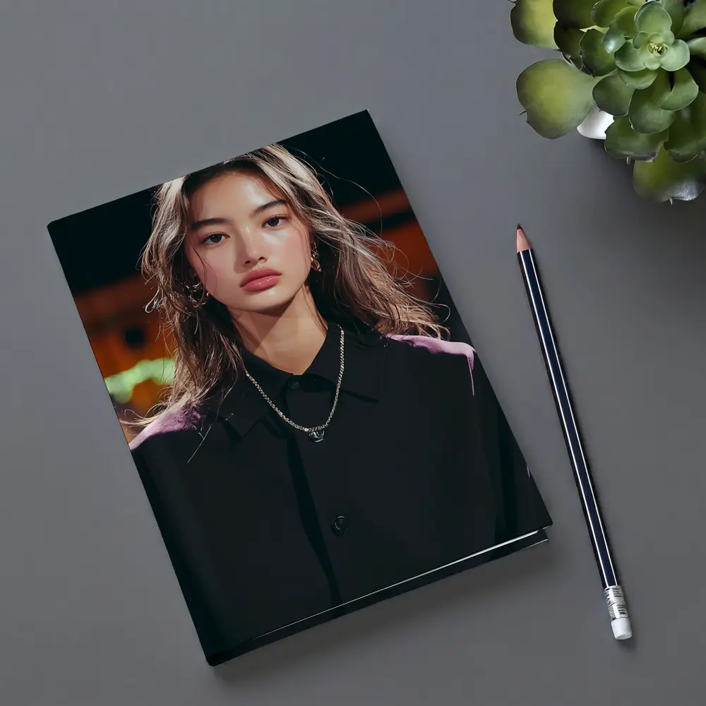 Young Asian Woman Night City Neon Background – Notebooks