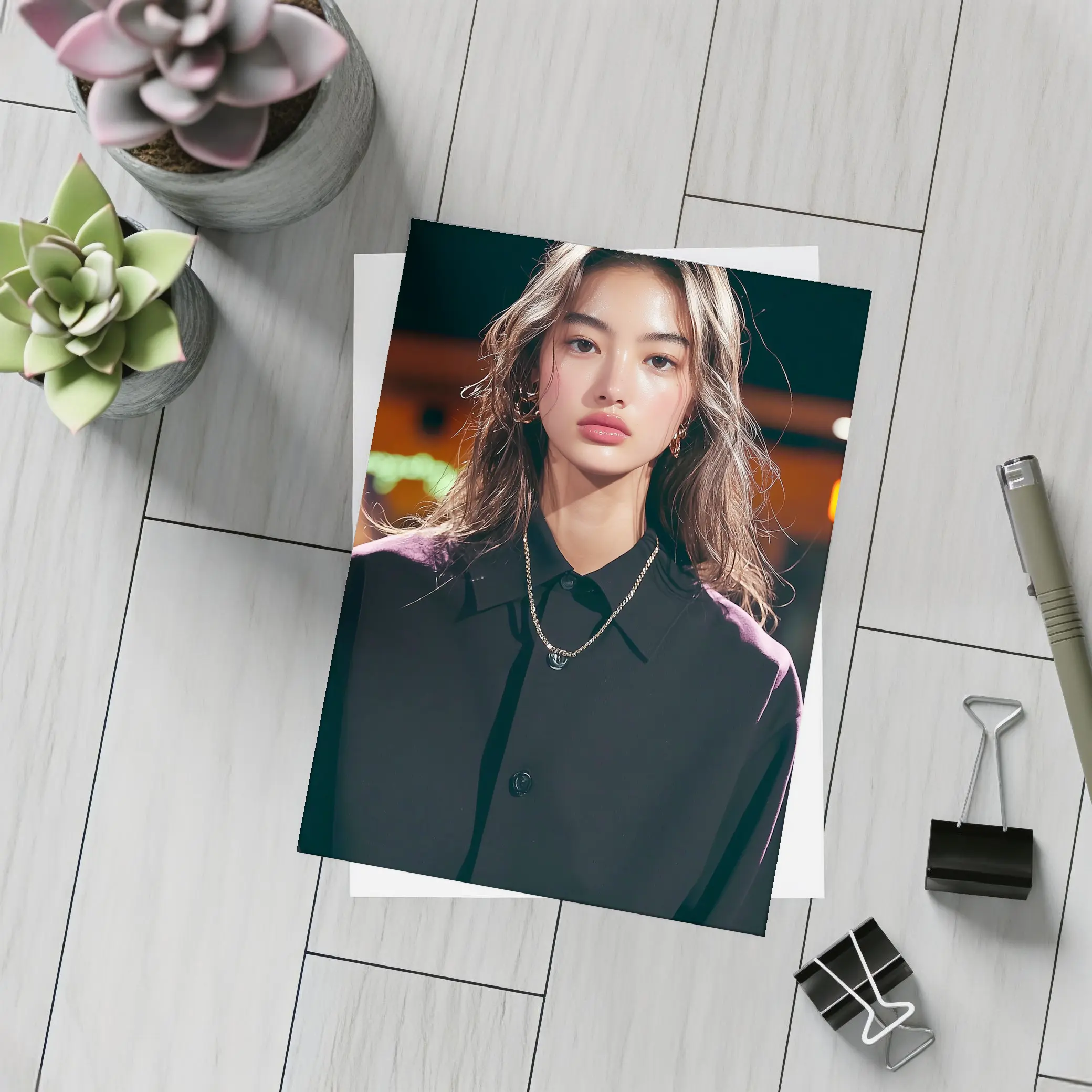 Young Asian Woman Night City Neon Background – Postcards