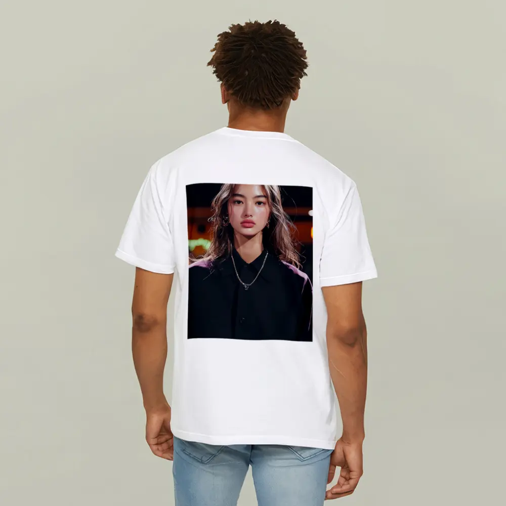 Young Asian Woman Night City Neon Background – T-Shirts
