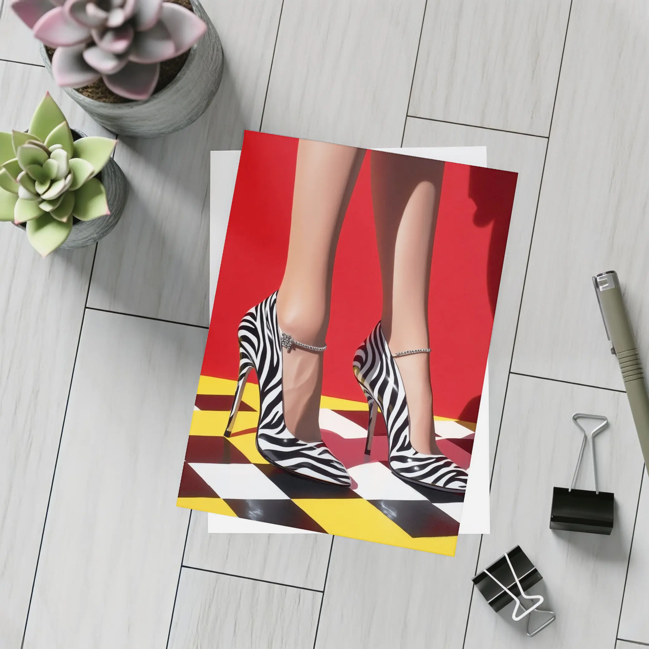 Zebra Print Heels Red Checkered Floor – Postcards