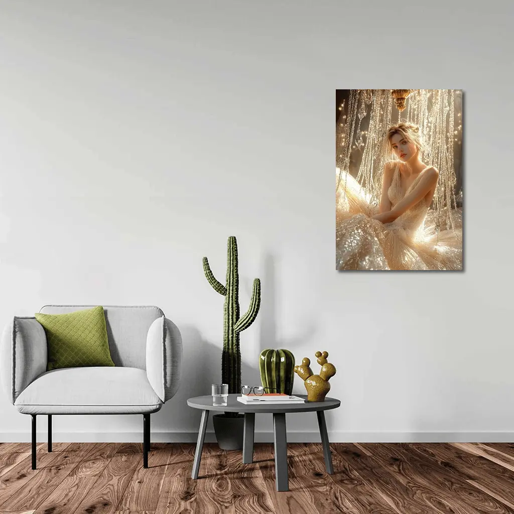 Elegant Woman Golden Crystal Chandelier Fantasy – Wall Art