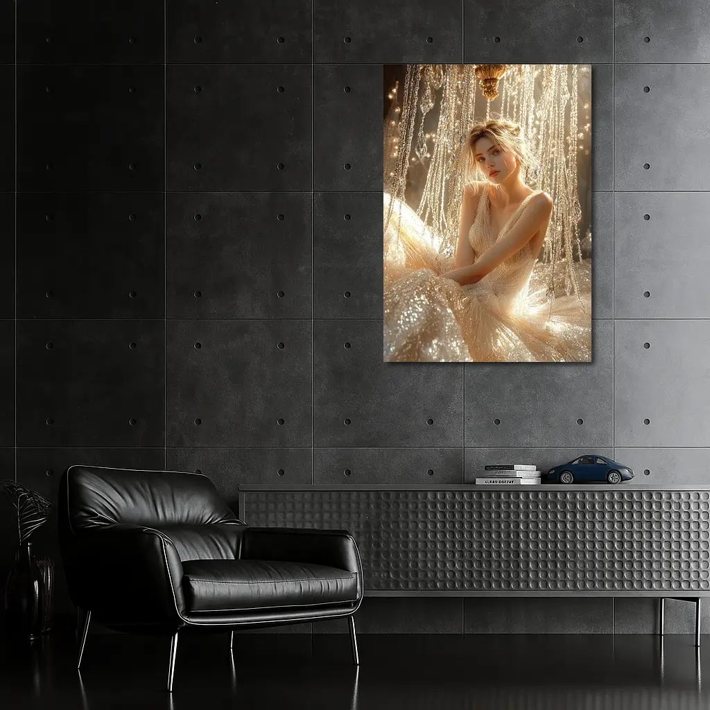 Elegant Woman Golden Crystal Chandelier Fantasy – Wall Art