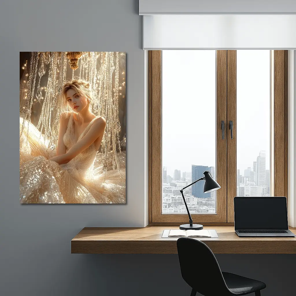 Elegant Woman Golden Crystal Chandelier Fantasy – Wall Art