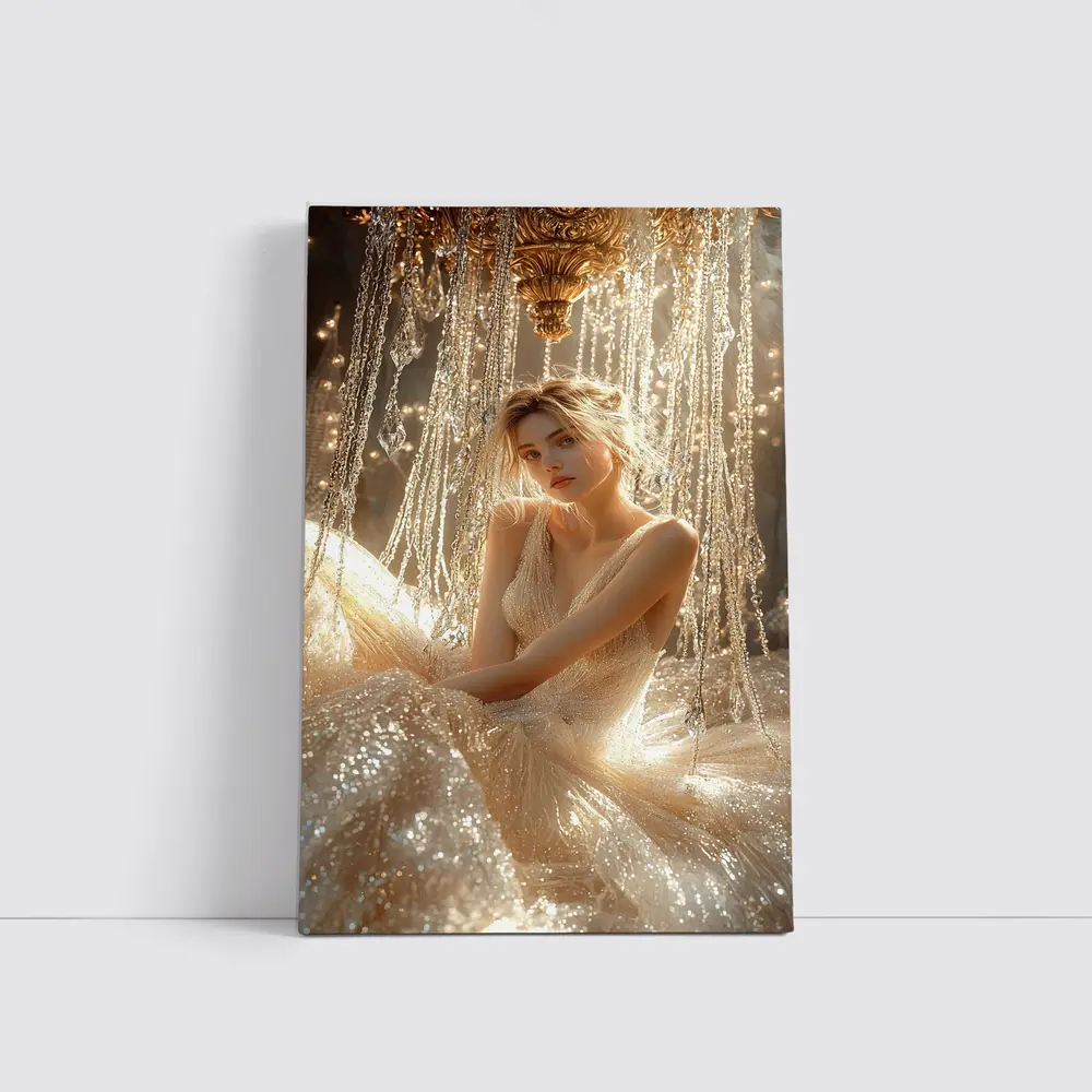 Elegant Woman Golden Crystal Chandelier Fantasy – Wall Art