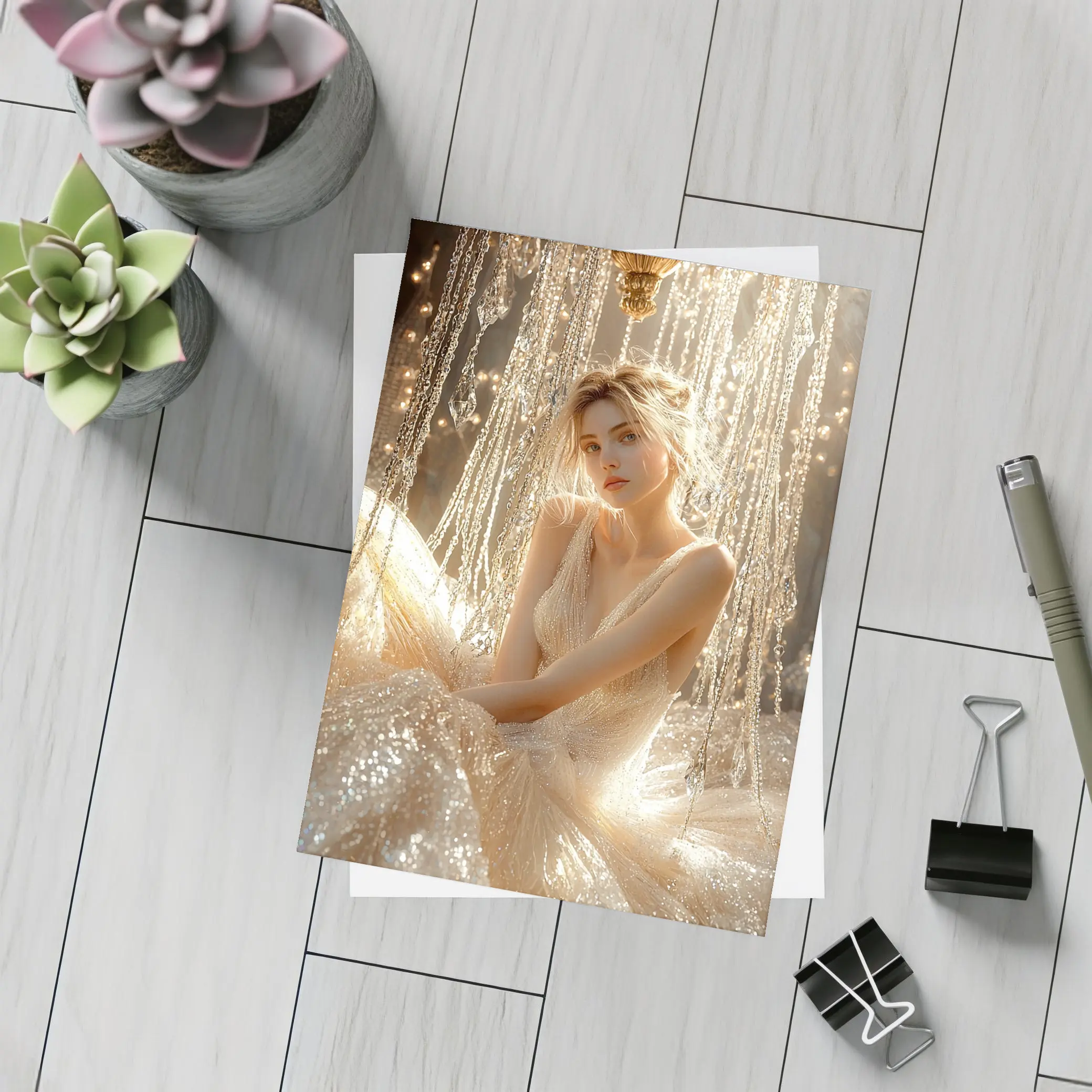 Elegant Woman Golden Crystal Chandelier Fantasy – Postcards