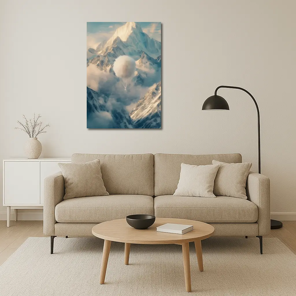 Fluffy White Balloon Floating Over Snowy Mountains – Wall Art