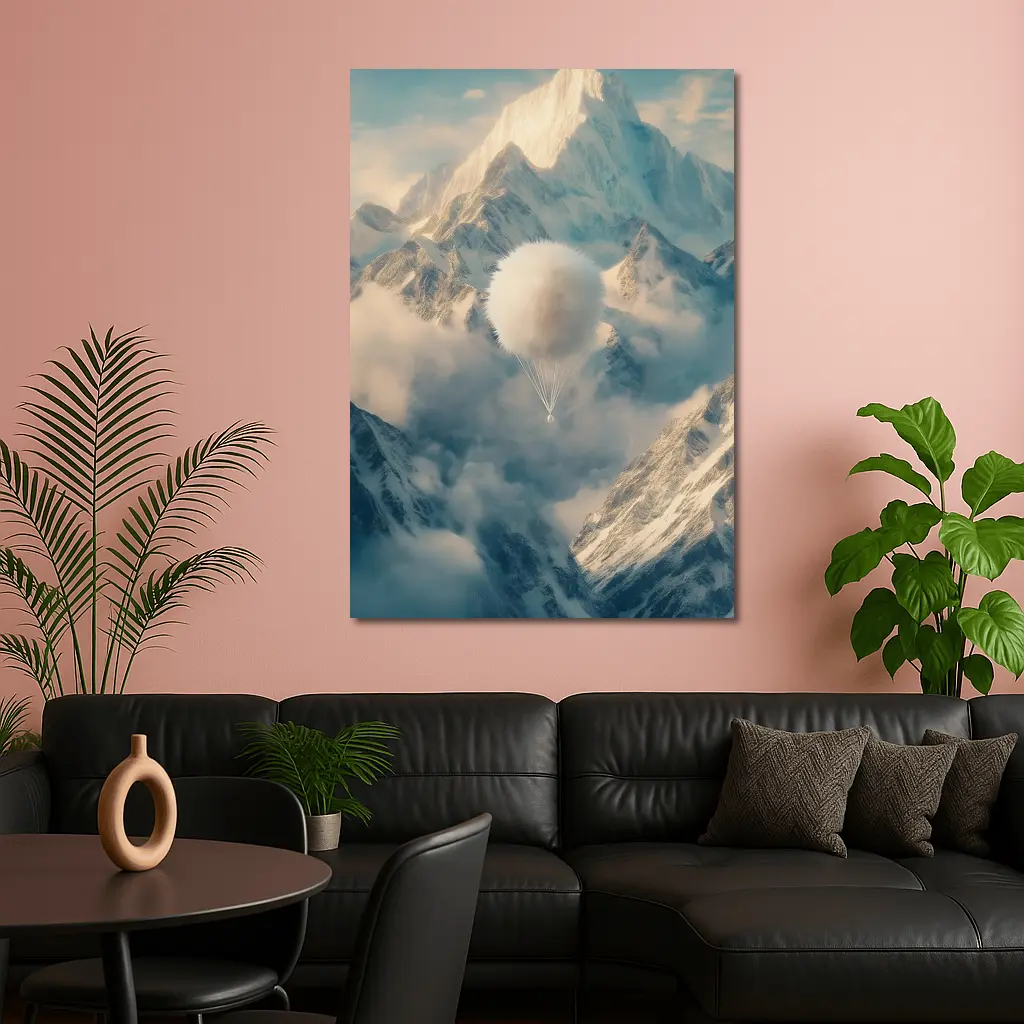 Fluffy White Balloon Floating Over Snowy Mountains – Wall Art