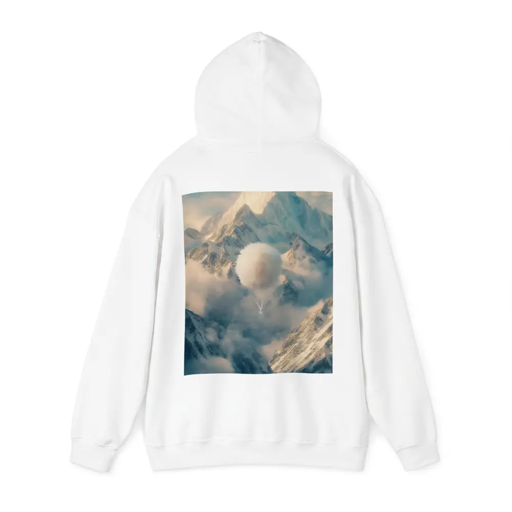 Fluffy White Balloon Floating Over Snowy Mountains – Hoodies