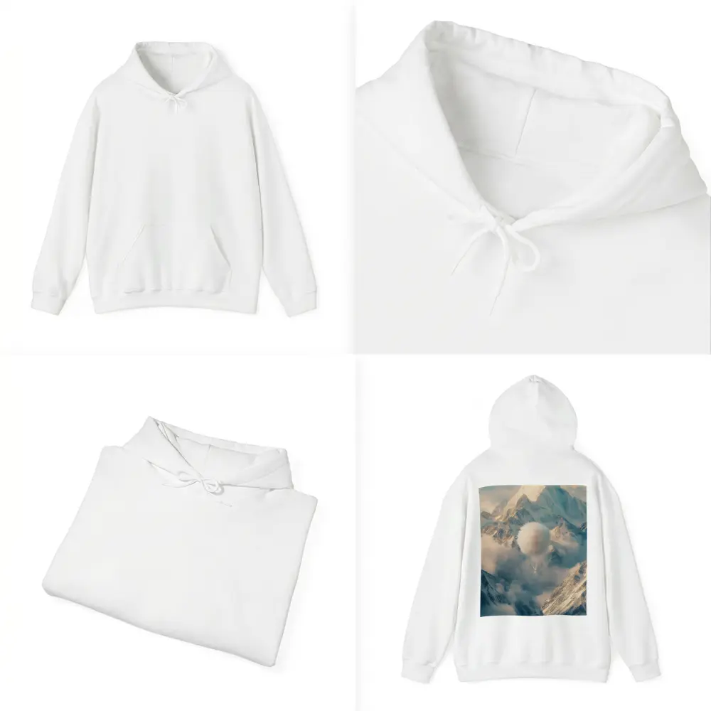 Fluffy White Balloon Floating Over Snowy Mountains – Hoodies
