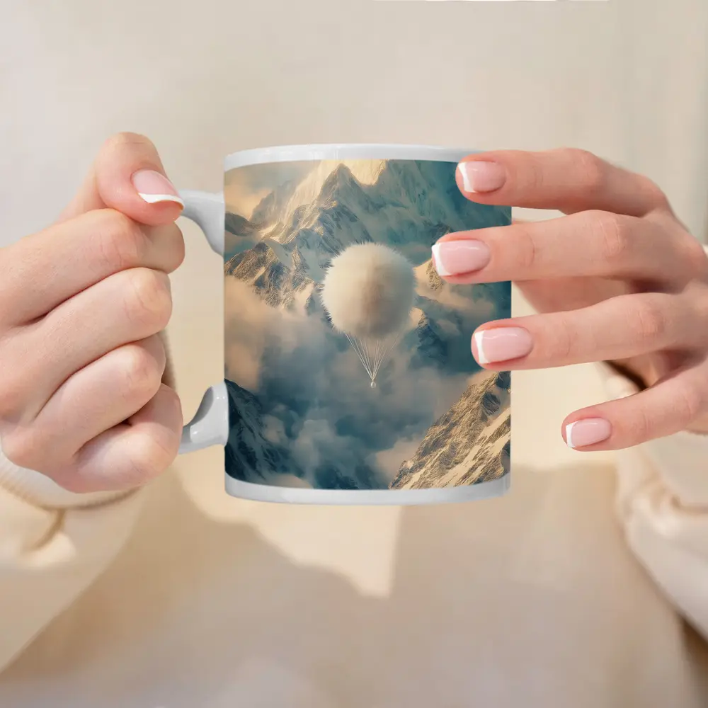 Fluffy White Balloon Floating Over Snowy Mountains – Mugs