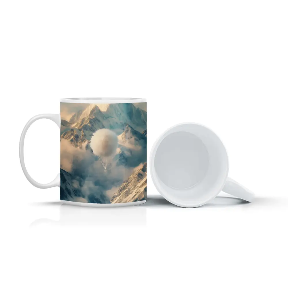 Fluffy White Balloon Floating Over Snowy Mountains – Mugs