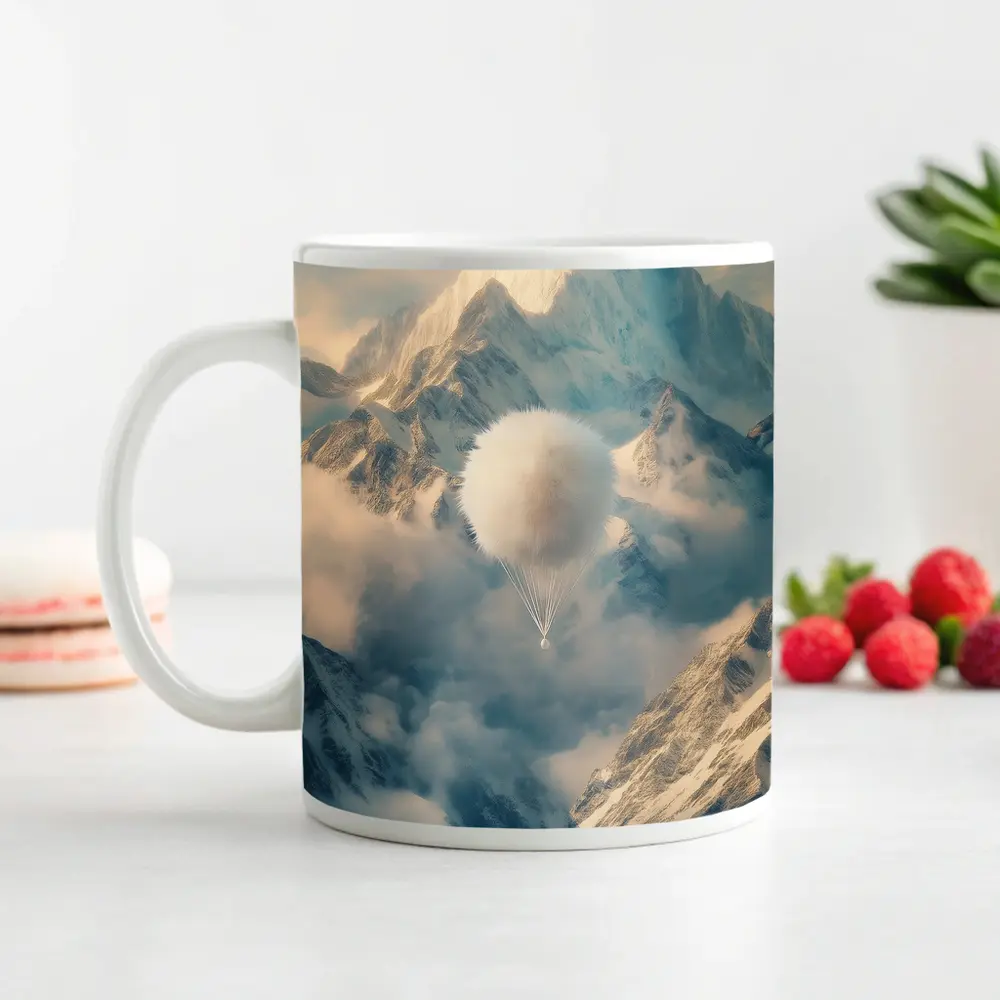 Fluffy White Balloon Floating Over Snowy Mountains – Mugs