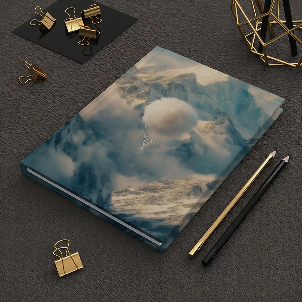Fluffy White Balloon Floating Over Snowy Mountains – Notebooks