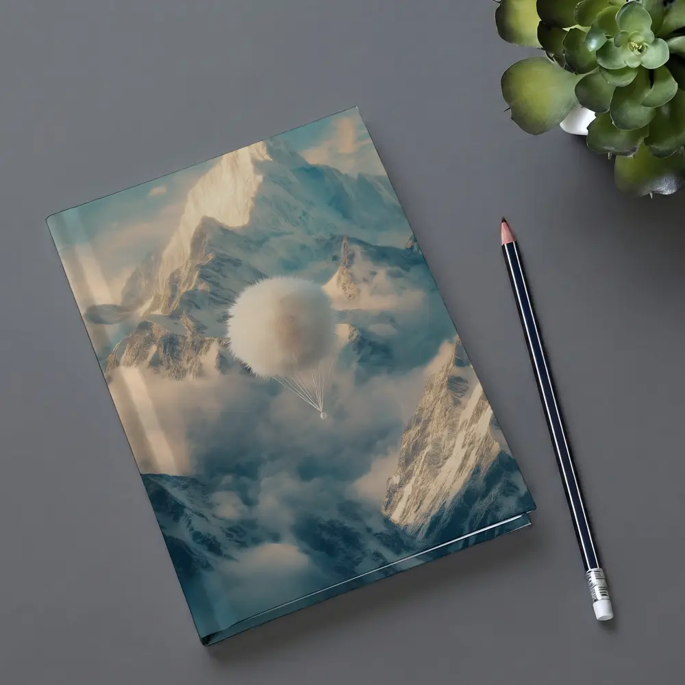 Fluffy White Balloon Floating Over Snowy Mountains – Notebooks