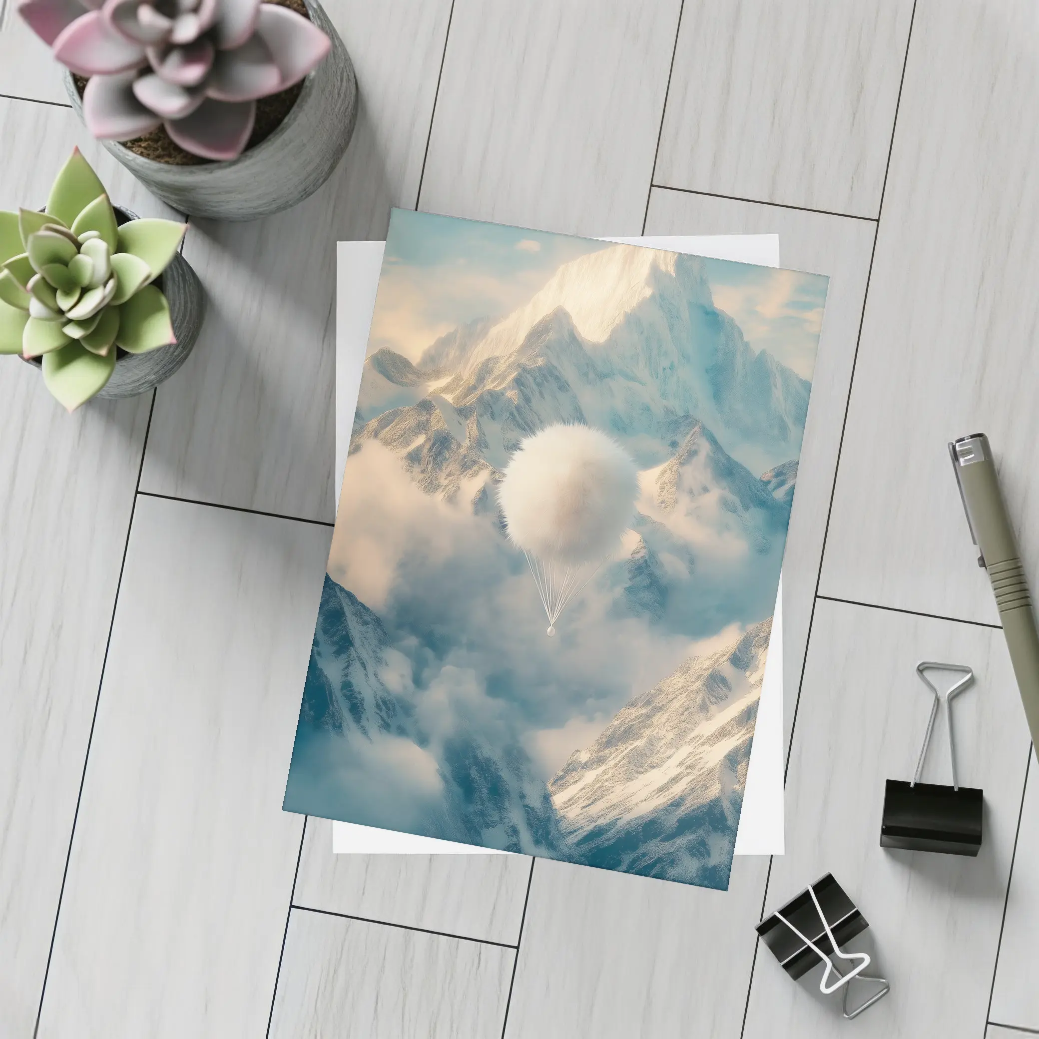 Fluffy White Balloon Floating Over Snowy Mountains – Postcards