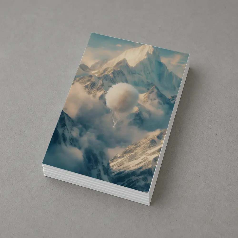 Fluffy White Balloon Floating Over Snowy Mountains – Postcards