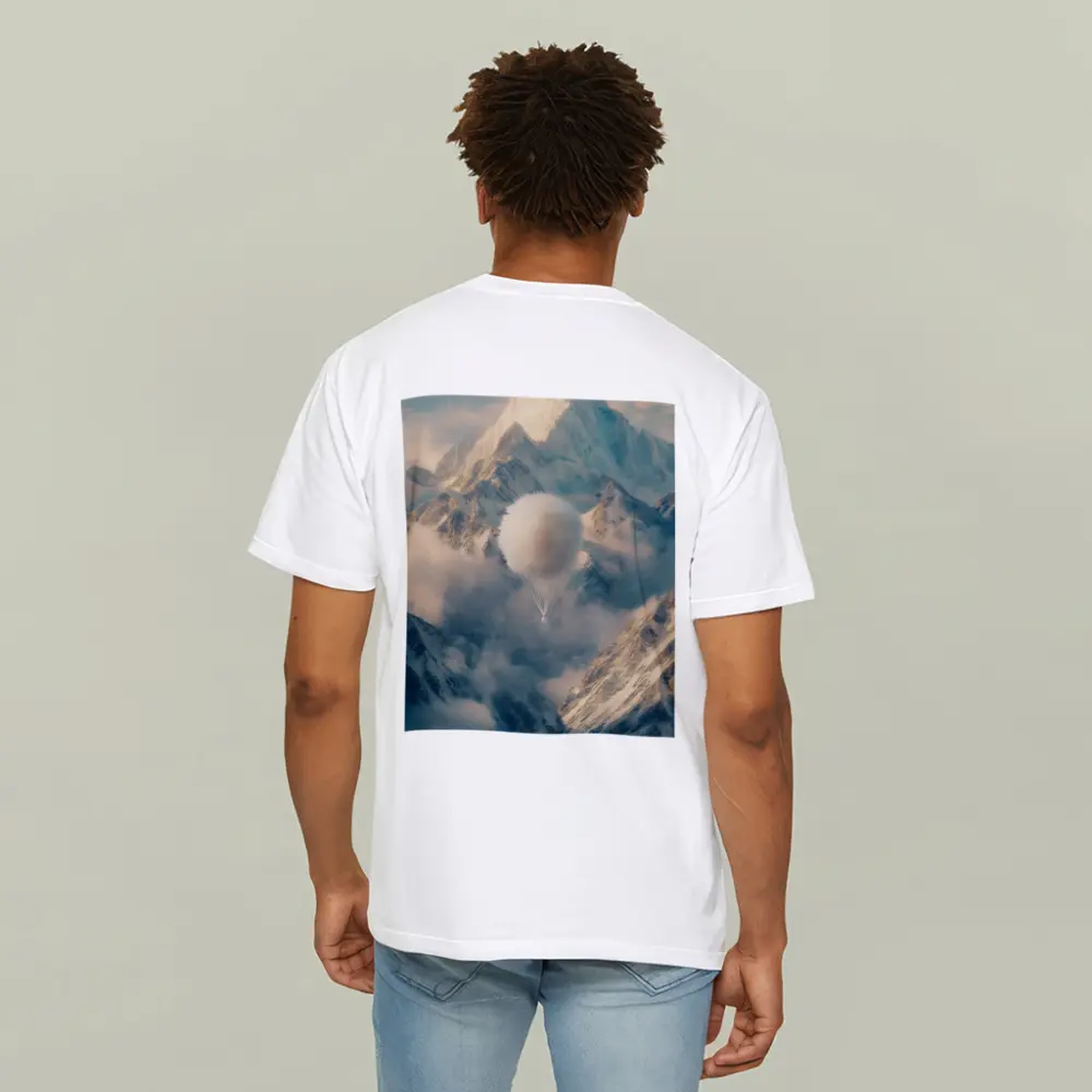 Fluffy White Balloon Floating Over Snowy Mountains – T-Shirts