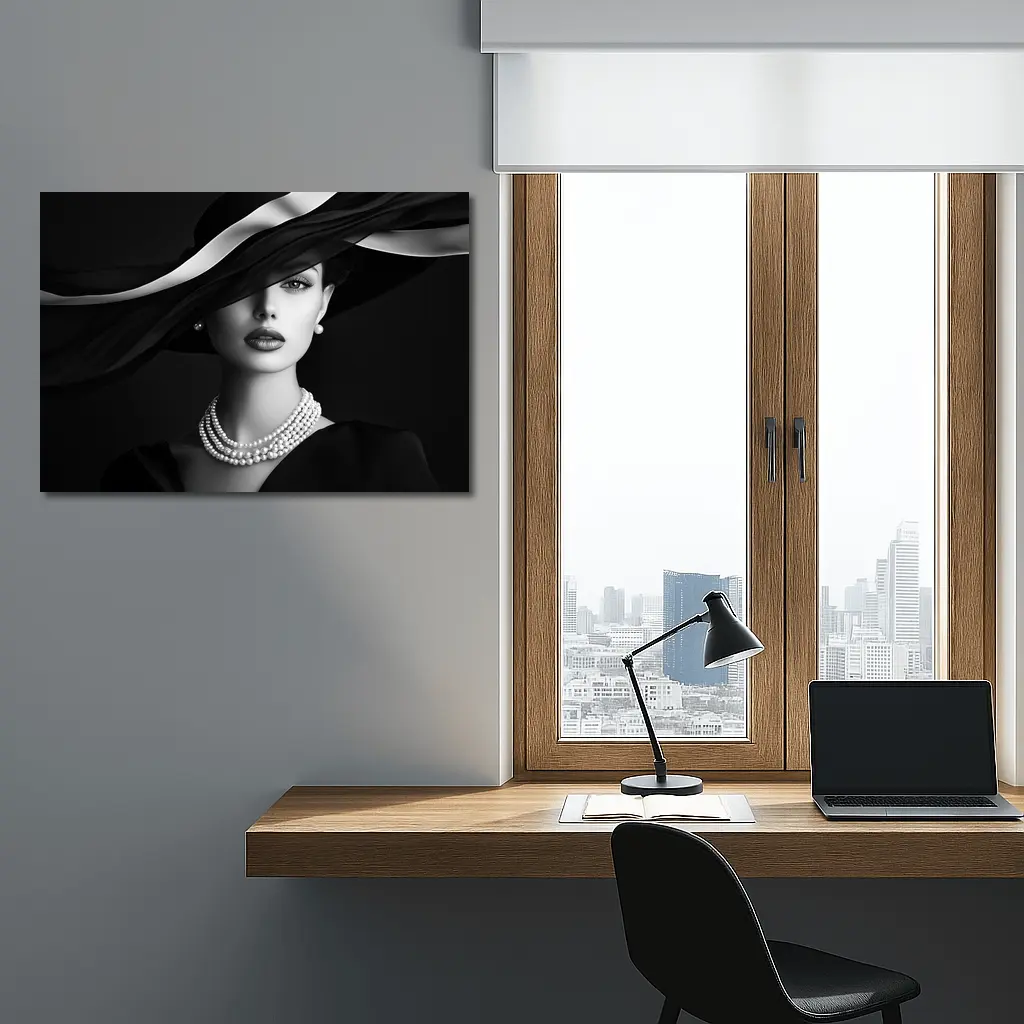 Elegant Woman Black Hat Pearl Necklace Portrait – Wall Art