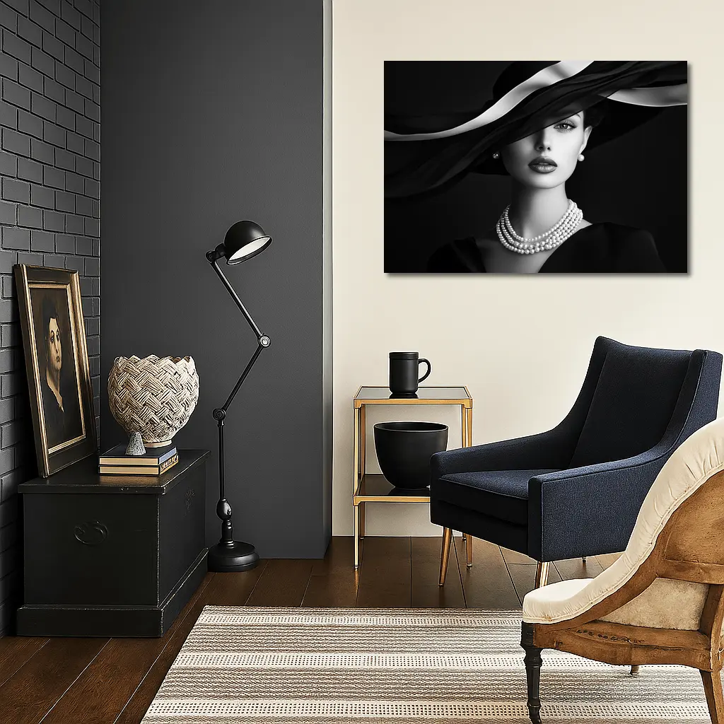 Elegant Woman Black Hat Pearl Necklace Portrait – Wall Art