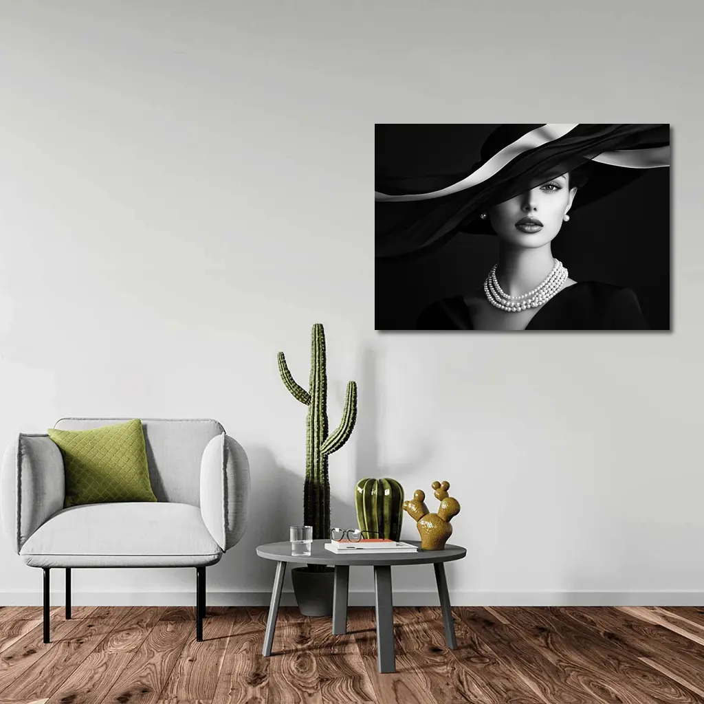 Elegant Woman Black Hat Pearl Necklace Portrait – Wall Art