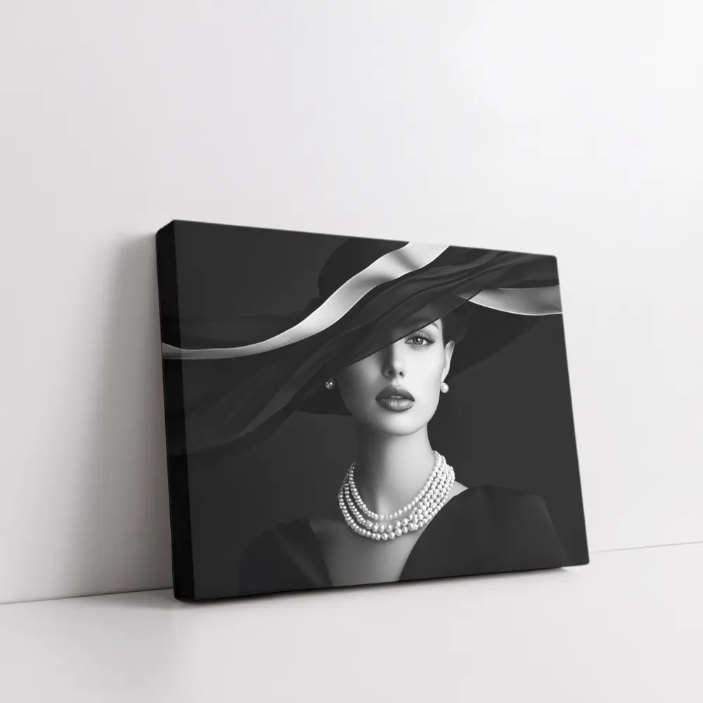 Elegant Woman Black Hat Pearl Necklace Portrait – Wall Art