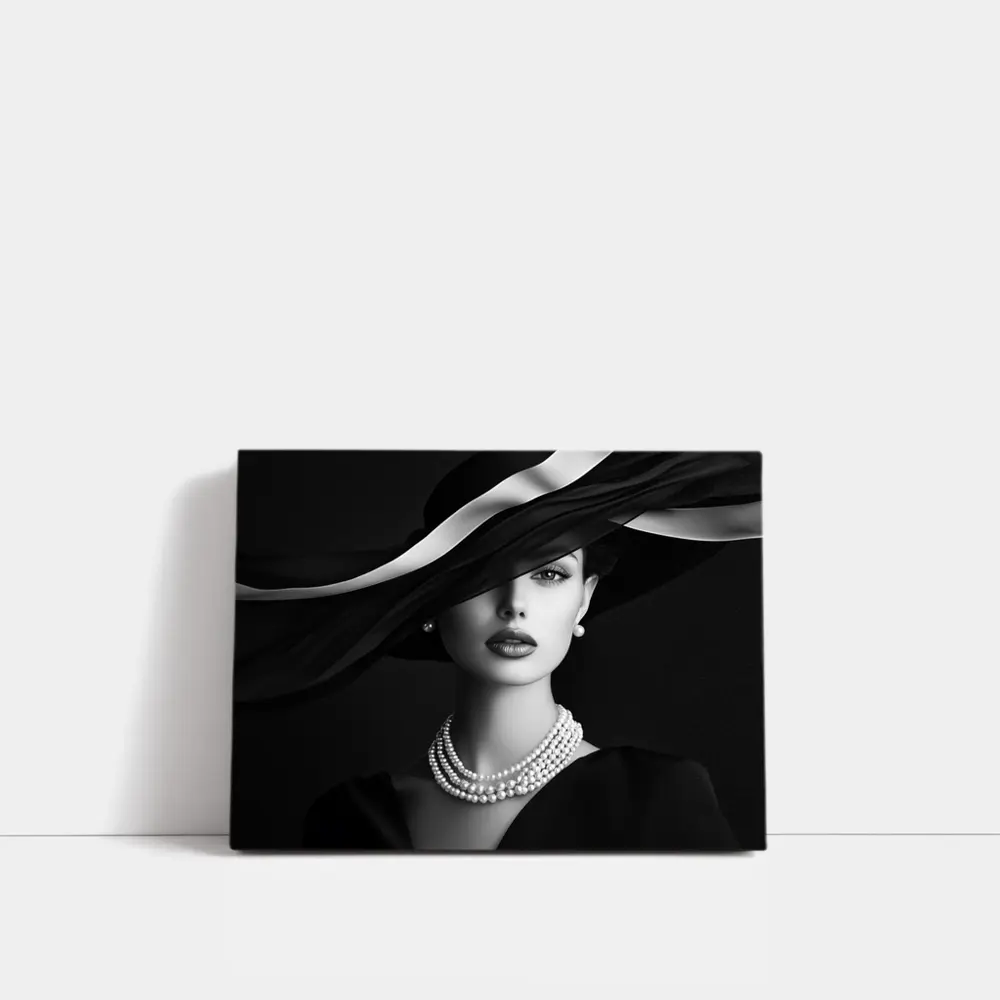 Elegant Woman Black Hat Pearl Necklace Portrait – Wall Art
